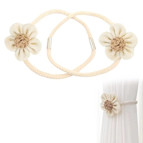 Magnetische Raffhalter, 2er Set Magnetische Vorhang Raffhalter,Magnetische Vorhang Raffhalter - Blumen Vorhanghalter für Boho Deko, Einfach und Elegant, Beige Seil, Haus Dekoration, Weiß von Simsky