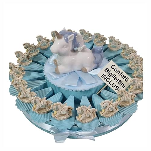 Gastgeschenktorte Taufe Junge Schaukelpferd Tiere Einhorn Konfetti hellblau und Kärtchen (Torte 20 Scheiben Einhorn Figur) von Sindy Bomboniere