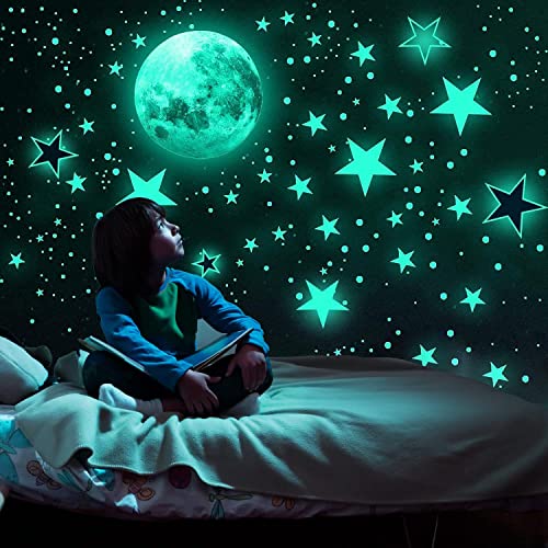 1119 Stück Leuchtsterne Selbstklebend Wandsticker Leuchtsticker Wandtattoo Leuchtaufkleber Mond Sterne Fluoreszierend Wand Aufkleber Wanddeko für Baby Schlafzimmer Kinderzimmer Dekorative Grün von Sinekong