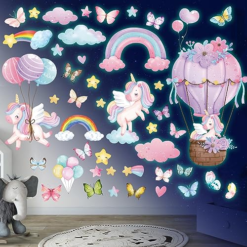 Sinekong Einhorn Regenbogen Wandtattoo Leuchtsterne Einhorn Leuchtender Wandaufkleber Schmetterlinge Leuchtsticker Wandsticker für Mädchen Schlafzimmer Babyzimmer Kinderzimmer Wanddeko Grün von Sinekong