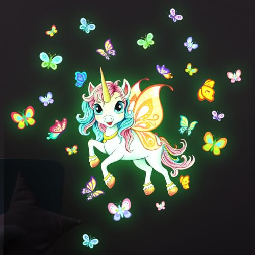 Sinekong Einhorn Wandtattoo Kinderzimmer Leuchtend Schmetterling Wandaufkleber Mädchenzimmer Leuchtsticker, Leuchtaufkleber Fluoreszierend Wandsticker Babyzimmer Deko Geschenke für Mädchen Grün von Sinekong