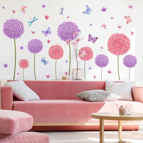 Groß Wandtattoo Löwenzahn Wandaufkleber Lila Blumen Schmetterlinge Pflanzen Wandsticker Pusteblume für Wohnzimmer Schlafzimmer Büros Sofa Hintergrund Hause Flur Wanddekoration von Sinekong