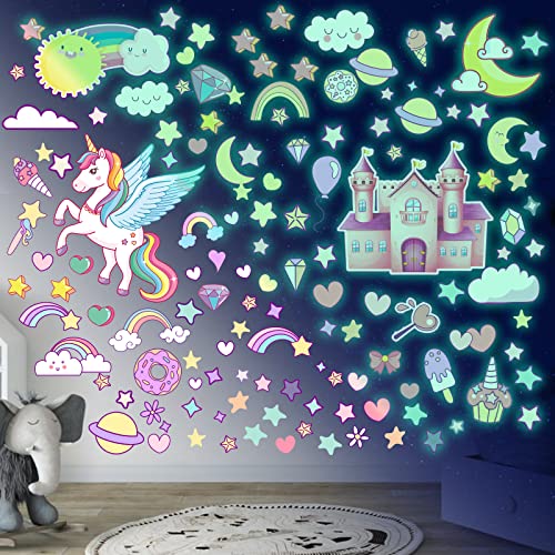 Leuchtsterne Selbstklebend Einhorn Wandtattoo Kinderzimmer Mädchen Leuchtsticker Einhorn Leuchtsterne Wandsticker Sternenhimmel Leuchtaufkleber Aufkleber Babyzimmer Deko für Mädchen Geschenke Grün von Sinekong