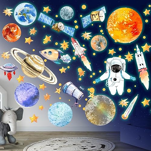 Wandsticker Leuchtaufkleber 9 Planeten Leuchtsterne Astronaut Planet Leuchtsticker Wandtattoo Leuchtend Sonnensystem Sterne Fluoreszierend Wandaufkleber für Kinderzimmer Dekorative Aufkleber Grün von Sinekong