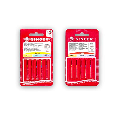 Singer Set mit 2 Packungen Nähnadeln für Nähmaschine, Nadeln 2020 / 822R (Universal), Nadeln 2045 / 848R (Stretch und Strick), verschiedene Stärken, für System 130/705 H von Singer