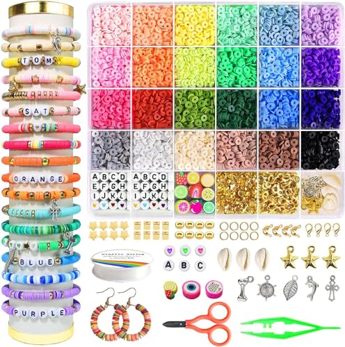 Singllin Exquisite weiche Ton Armband Perlen, weiche Ton Perle Faden Perlen, Mini Perle Set mit Holzperle Anhänger Set, DIY Armband Herstellung Set für Festivals, Faden Perlen für Partys und Feiertag von Singllin