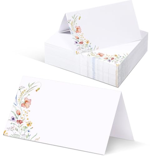 Sinload 120 Stück Aquarell-Wildblumen-Platzkarten, Zeltkarten, Sitzkarten, Blumen-Tischkarten, blanko, Tischschilder, faltbare Namenskarten für Party, Brautparty, Abendessen von Sinload