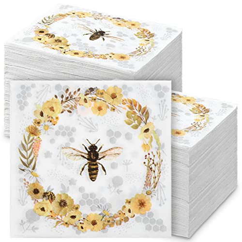 200 Stück Bienen-Wildblumenkranz, Cocktail-Getränkepapierservietten, 2-lagig, dekorative Servietten, Einweg-Bienen-Servietten, Papier-Cocktail-Servietten für Zuhause, Abendessen, Babyparty, Zubehör von Sinmoe