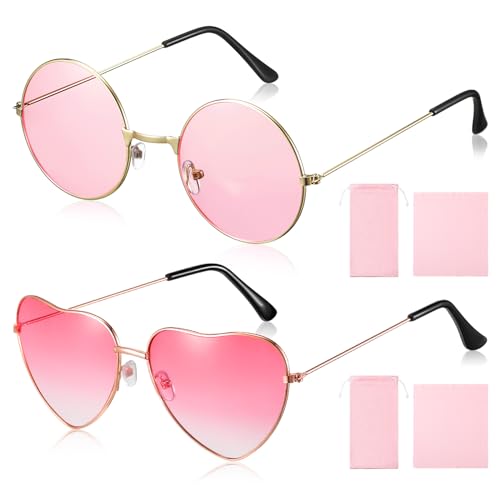 Sinmoe 2 Sets Hippie Sonnenbrillen inklusive Herz Sonnenbrille Retro Runde Brille mit Metallrahmen 2 Aufbewahrungsbeutel 2 Brillenputztücher 60er 70er Rave Accessoires für Kostüm Party von Sinmoe