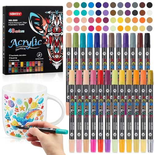 Sinmoe 24er Set Doppelspitzen Acrylstifte in 48 Farben Porzellanstifte Spülmaschinenfest für Töpfer Tasse zum Bemalen Wasserbasierte Filzstifte Acrylmarker für Stein, Holz, Metall, Stoff, Keramik von Sinmoe