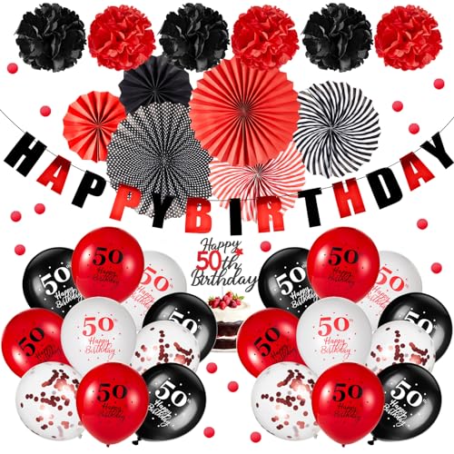 Sinmoe 34 Stück Geburtstag Deko Rote Schwarze Geburtstag Party Deko Happy Birthday Ballons Konfetti Luftballons Banner Pompons Papierfächer Girlande für Frau Mann (50. Geburtstag) von Sinmoe