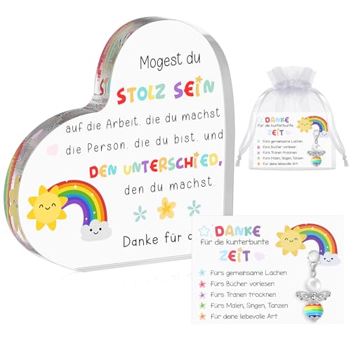 Sinmoe 4 Teiliges Set Kindergarten Abschiedsgeschenk für Lehrerin Herz Acryl Tischdeko mit Schutzengel Schlüsselanhänger Dankeskarte und Organzasäckchen Briefbeschwerer Geschenk für Erzieherin von Sinmoe