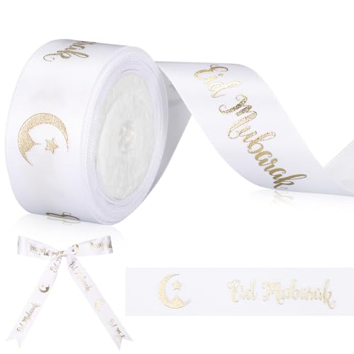 Sinmoe Eid Mubarak Geschenkbänder 5 m X 2,5 cm Ramadan Satinband Geschenkband Satin Dekoband Schleifenbänder mit Schriftzug Seidenbänder für Süßigkeitstüten Geschenkverpackung(Weiß) von Sinmoe