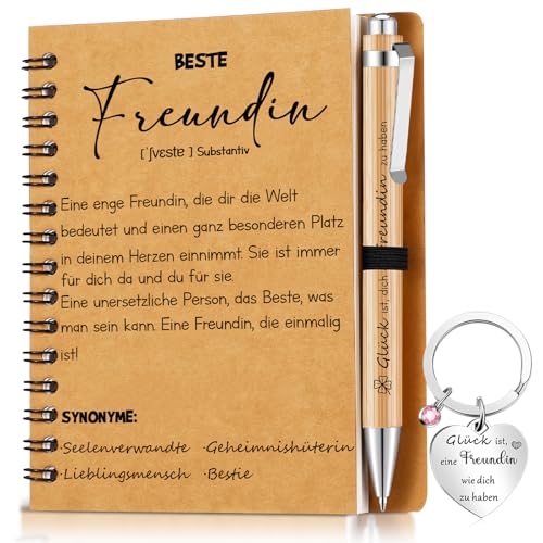 Sinmoe Geschenke für Freundin Kraftpapier Spirale Notizbuch Beste Freundin Schlüsselanhänger Kugelschreiber aus Holz Freundschaftsgeschenke Dankesgeschenk für Weihnachten Geburtstage Abschlussfeiern von Sinmoe