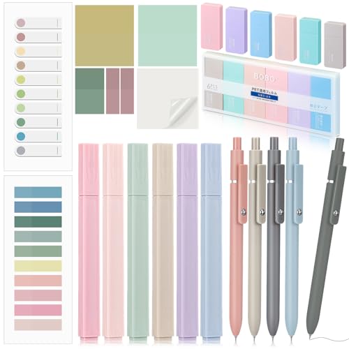 Sinmoe Pastell Schreibwaren Set 6 Ästhetische Textmarker Set 5 Stück 0,5mm Pastell Gelschreiber mit Schwarzer Tinte 6 Pastell Korrekturbänder 3 Haftnotizen Morandi Schreibwaren für Bibel Büro von Sinmoe