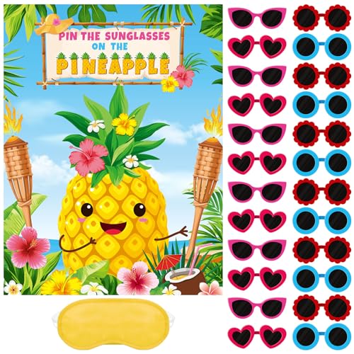 Sinmoe Pin the Sunglasses on the Pineapple Partyspiel Hawaii Tropische Thema Party Spiel mit 24 Stück Sonnenbrille Aufkleber für Mädchen Jungen Hawaiianische Sommer Strand Geburtstag Tiki Luau von Sinmoe