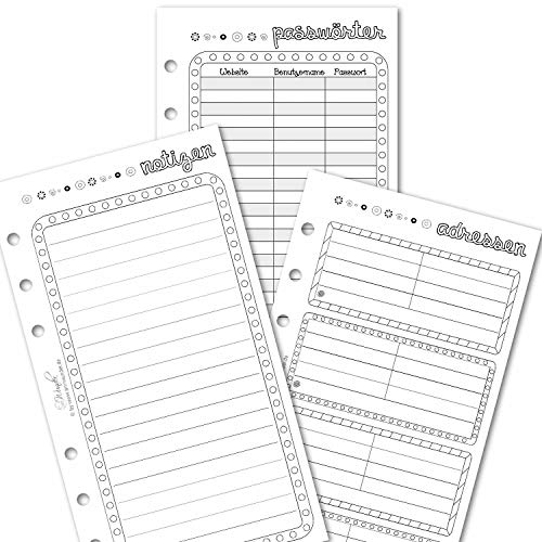 SinnWunder® 50 Blatt Notiz-Set – mit Notiz-Blättern, Adressen, und Passwortlisten für Ringbücher mit 6 Ringen im Format Personal von SinnWunder