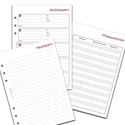 SinnWunder® 50 Blatt Planer-Notiz-Set – mit Notiz-Seiten, Adressen, und Passwortlisten für Ringbücher mit 6 Ringen im Format DIN A5 von SinnWunder