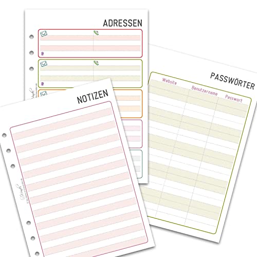 SinnWunder® 50 Blatt Planer-Notiz-Set – mit Notiz-Seiten, Adressen, und Passwortlisten für Ringbücher mit 6 Ringen im Format DIN A5 von SinnWunder