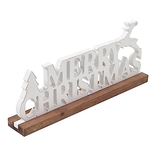 Sintosin Rustikaler Holz Buchstabe Weihnachtsdeko Weiss, Dekobuchstaben Merry Christmas weiß Schriftzug, Deko Aufsteller aus Holz für Weihnachten - mit Hirsch und Tanne von Sintosin