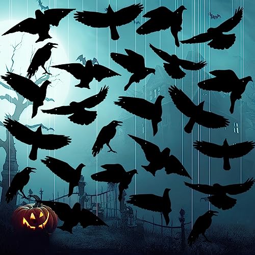 Sintuff 24 Stück hängende schwarze Krähen Halloween Dekoration Außen Halloween Dekorationen Outdoor Große Fliegende Kunststoff Halloween Schwarze Krähen Outdoor Dekor zum Aufhängen im Baum Veranda Hof von Sintuff