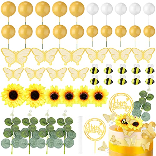 Sintuff 51 Stück Sonnenblumen-Kuchendekoration Schmetterling Biene Eukalyptus Happy Birthday Kuchendekorationen Gelb Weiß Schaumstoffball Kuchendekorationen für Sommer Sonnenblume Babyparty Boho Hochzeit Party Kuchen Dekorationen von Sintuff