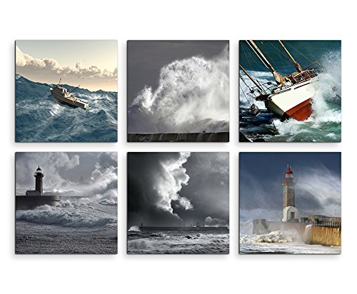 Sinus Art Bilder Set 6 STK je 40x40cm Leuchtturm Unwetter Sturm Meer Wellen von Sinus Art