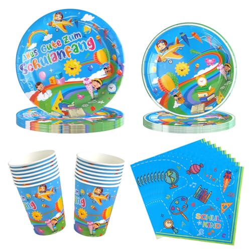 Einschulung Partygeschirr Set 16 Gäste, 68Pcs Einschulung Servietten Teller Pappbecher, Einschulung Schuleinführung Schulanfang Deko für Jungen Mädchen, Schulkind Schulstart Party Zubehör von Sinwind