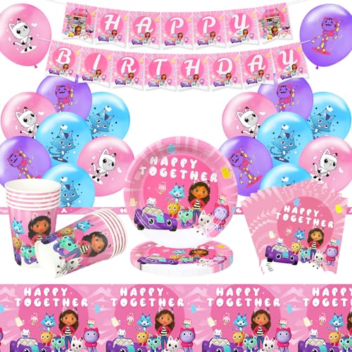 Partygeschirr Set, 60 Pcs Party Deko Geburtstag, Thema Geburtstag Luftballons, Party Supplies für Mädchen Birthday Banner Tischdecke Luftballons Teller Becher und Servietten von Sinwind