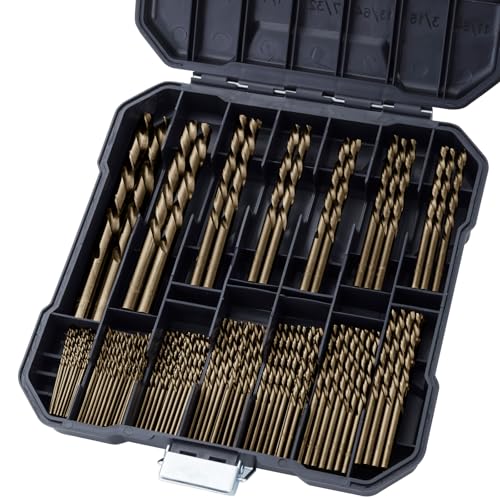 Sinyeenglon Kobalt-Bohrer-Set für gehärtetes Metall und Edelstahl, 99 Stück, M35 Hochgeschwindigkeitsstahl, Spiralbohrer, 0,6 cm - 3/8 Zoll, mit Kunststoff-Index-Aufbewahrungskoffer von Sinyeenglon