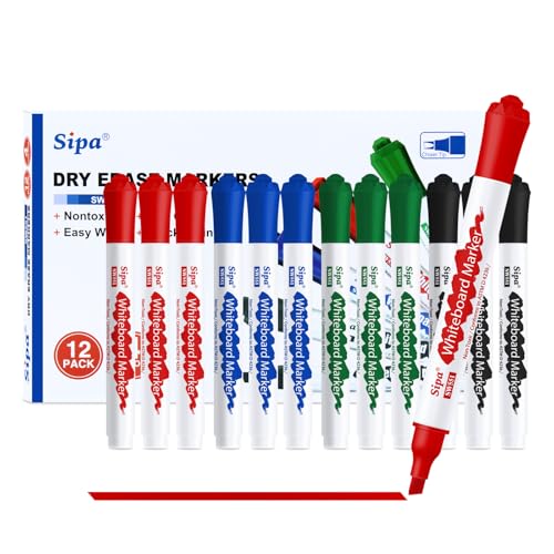 Sipa Whiteboard Marker, 12 Whiteboard Stifte abwischbar, Set mit 4 Farben Flipchart Stifte Marker, Keilspitze 4mm Linienbreite, ideal für Klassenzimmer, Büro und Kinder, unverzichtbarer Schulbedarf von Sipa