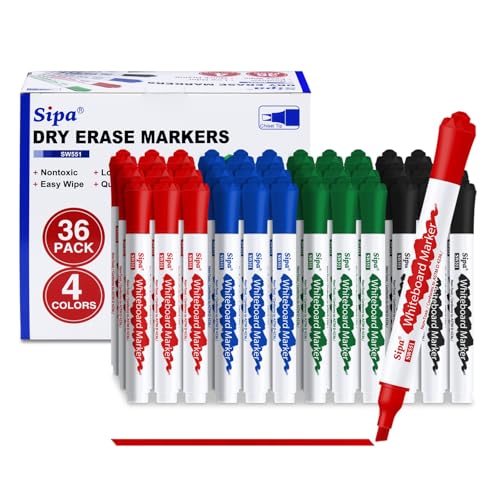 Sipa Whiteboard Marker, 36 Whiteboard Stifte abwischbar, Set mit 4 Farben Flipchart Stifte Marker, Keilspitze 4mm Linienbreite, ideal für Klassenzimmer, Büro und Kinder, unverzichtbarer Schulbedarf von Sipa