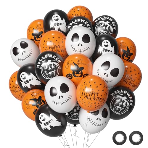 Halloonween Luftballons Schwarz Orange Weiß Sipeayan Luftballons Halloween 50 Stück 12 zoll Latex Ballons mit Schriftzug Totenköpfen, Kürbisgesichtern Helium Ballons Set für Halloween Party Deko von Sipeayan