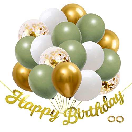 Luftballons Geburstag Grün Gold mit Happy Birthday Girlande Banner Sipeayan 50 Stück Luftballons Avocado Goldene Weiße Latex Ballons mit Band für Geburtstag Birthday Party Dekoration von Sipeayan