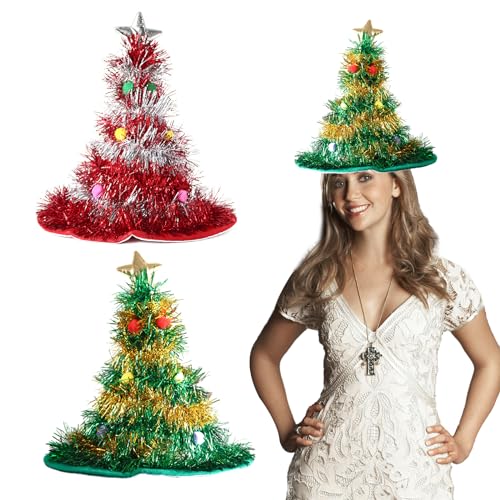 Sipiris 2 Stück Weihnachtsbaum Hut grüner Filzhut mit goldenem Stern und Girlanden Dekoration Hut Weihnachtsbaum für Damen und Herren Weihnachtsmann Mütze für Weihnachten und Weihnachtsfeier von Sipiris