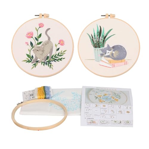 Sipiris Stickset für Anfänger Stickerei-Kit für Anfänger Erwachsene 2-Sätze Blume gestempelt vorgedruckte Kreuzstich-Kits volle Palette von Stickerei Starter Kit (Schmetterling/Katzen) von Sipiris