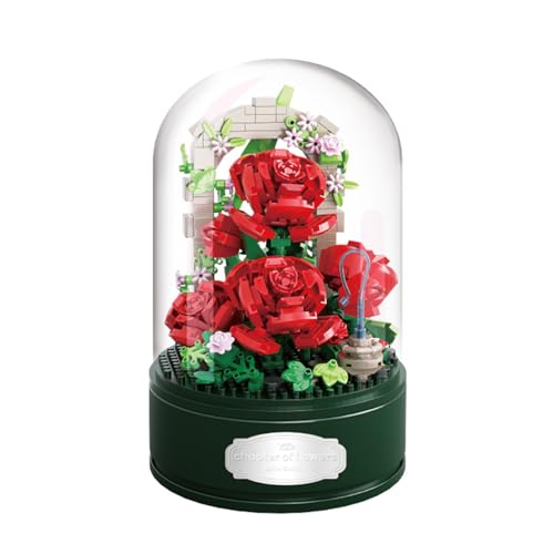 Sipobuy DIY Spieluhr Zum Bauen, 574-teiliges Blumenstrauß-Set Mit Staubdichter Kuppel – Kunstblumen-Sammlung, Konstruktionsspielzeug Für Heimdekoration (Rose) von Sipobuy