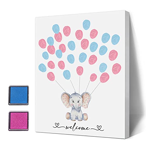 Gender Reveal Party Fingerabdruck Baum Schild, Elefant Thema Leinwand Babyparty Ein Baby Shower Gästebuch Woodland Baby Shower Gästebuch von Sirjiera