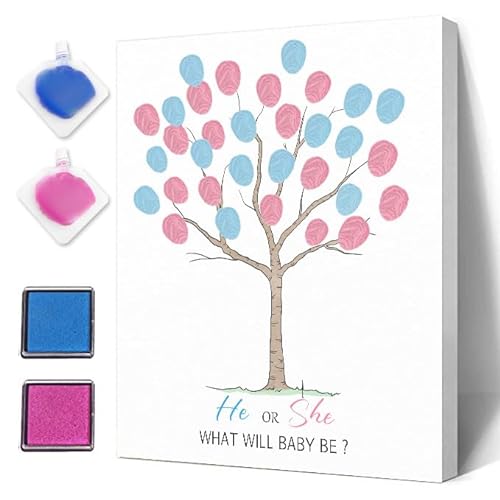 Lustiges Babyparty-Gästebuch Partyspiel, Geschlecht offenbaren Fingerabdruck Blätter Baum, Gender Reveal Baby Shower Party Ideen, Gender Reveal Keepsake, Special Meaningful Canvas Decoration von Sirjiera