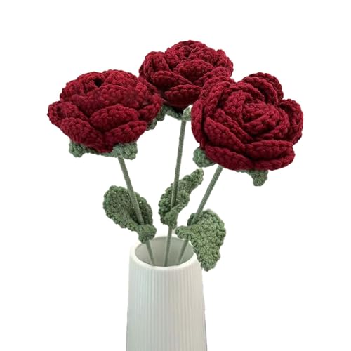 Siticoto Häkelblumen, 3 Stück DIY Häkelblumenstrauß künstliche gestrickte rote Rose für Mädchen Geschenk Hochzeit Blumenstrauß Geburtstag Valentinstag Frauentag Muttertag von Siticoto