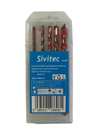 Sivitec 5-teiliges Mehrzweck-Steinbohrer-Set für Beton, Ziegel, harte Fliesen, Porzellan, Kunststoff, Holz, Hartmetallbohrerspitzen, 4 mm, 5 mm, 6 mm, 8 mm und 10 mm von Sivitec