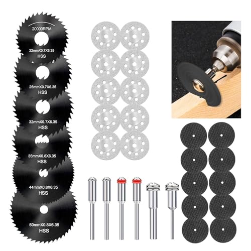 Kreissägeblätter Set, Mini Scheiben Kompatibel, Dre-mel trennscheibe, HSS Kreissägeblätter mit 1/8 Zoll Schaft für Schneiden von Holz, Kunststoff und Metall (32Pcs) von Sivono