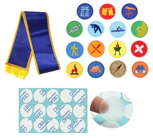 15 runde Pfadfinder-Abzeichen zum Aufnähen oder Aufbügeln für Cosplay-Kostüm, mit 1 Satin-Schärpe/15 rundem, doppeltem Klebeband (Farbe: Blau) von Siwenjiang