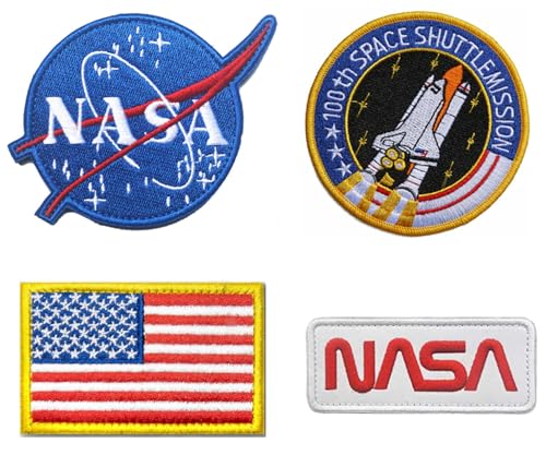 4 Stück Patches 100th Space Shuttle Mission Blau NASA Logo Weiß NASA Logo USA US Amerikanische Flagge Hook & Loop Tactical Badge Emblem Patches für Cosplay Kostüm von Siwenjiang