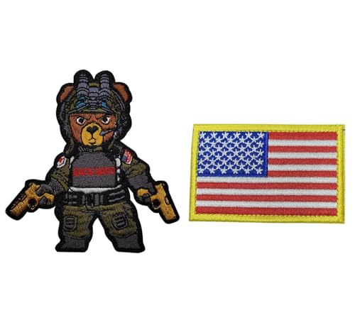 Siwenjiang 2 Stück Soldatenbär/Kriegerbär + USA-Flagge, bestickt, dekorative Abzeichen mit Klettverschluss auf der Rückseite als Dekoration (Bär + Flagge) von Siwenjiang