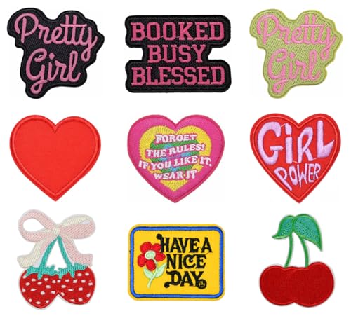 Siwenjiang 9 Stück Girl Power Patch, Pretty Girl Patch, Red Heart Shape Patch, Pink Cherry Patch, Mädchen / Frauen Stil Nähen auf oder Eisen auf bestickte Patches für Kostümdekoration von Siwenjiang