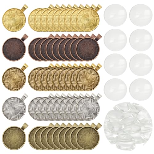 Sixfolo 50 Stück Anhänger Tabletts Set 25mm Runde Cabochon Rohlinge Anhänger Tabletts Leere Lünette Anhänger Tabletts in 5 Farben Kettenanhänger zum Befüllen von Fotoschmuck von Sixfolo