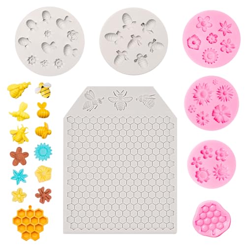 Sixfolo 7 Stück Bienenwabe und Blume Silikonform 3D Biene Fondant Formen Silikon Mini Blumen Fondantformen Biene Schokoladenform für DIY Kuchen Schokolade SüßIgkeiten Seife(Rot,Grau) von Sixfolo