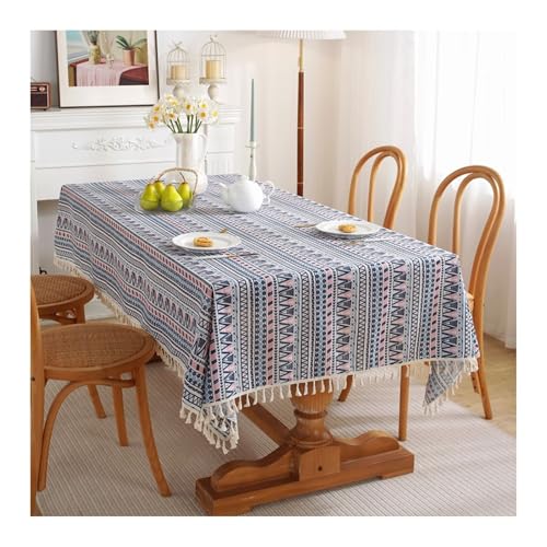 Abwaschbare Tischdecke 120x160CM, Baumwolle Tischdecke Abwaschbar Streifen Geometrisch Mit Quaste Blau Pink Tablecloth Rechteck von Skcess