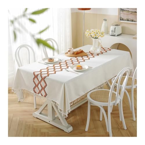 Abwaschbare Tischdecke 140x200CM, Polyester Tablecloth Raute Bestickt Weiß Orange Abwaschbare Tischdecke Rechteck von Skcess